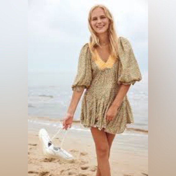 MSRP $168 Free People Babydoll Mini Dress NWT Size M Boho Puff Sleeve Flowy - Picture 2 of 9